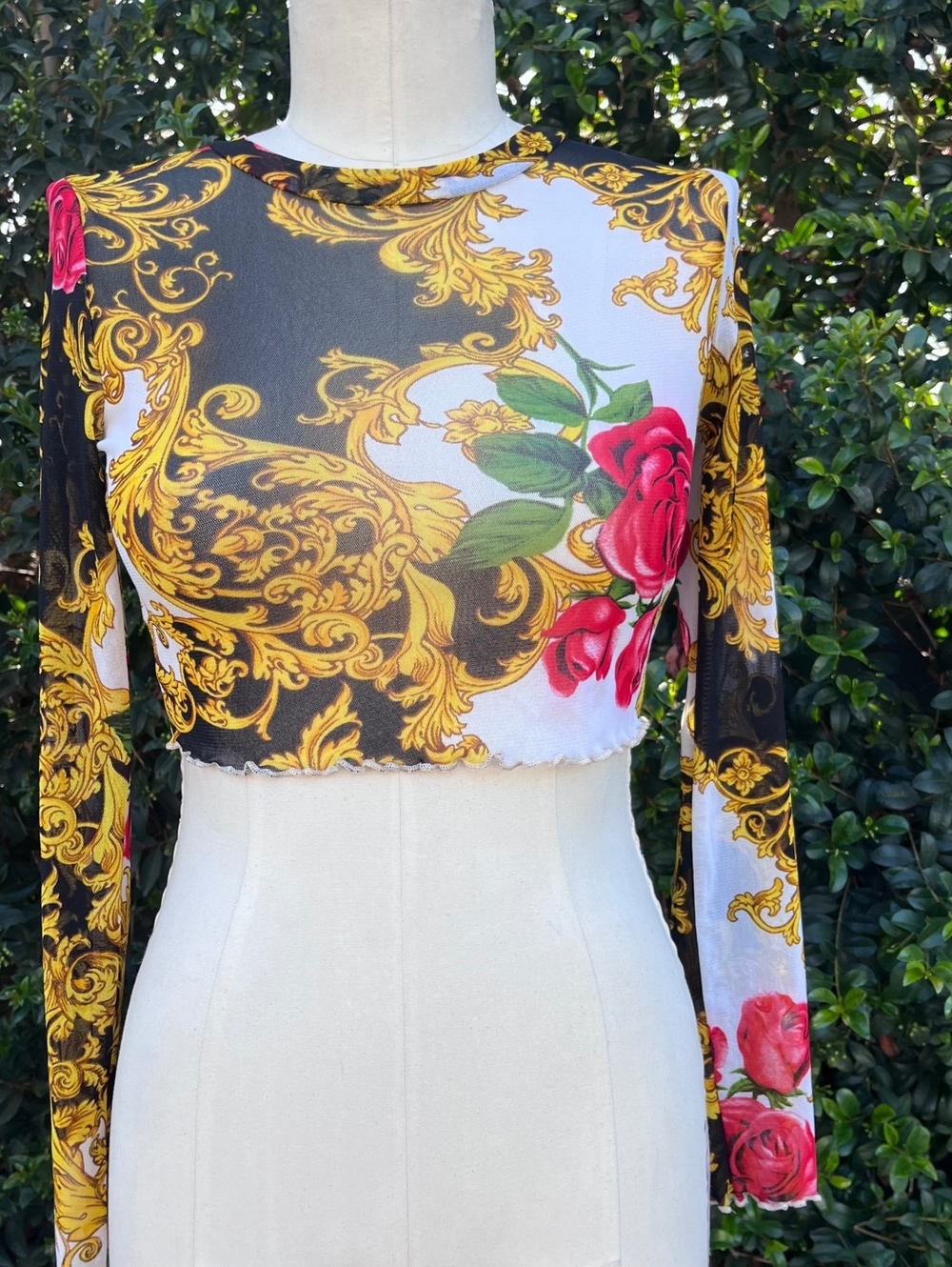 USA Made Y2K Studio 1011 Baroque Rose Mesh Crop Top Long Sleeve Sheer Size M